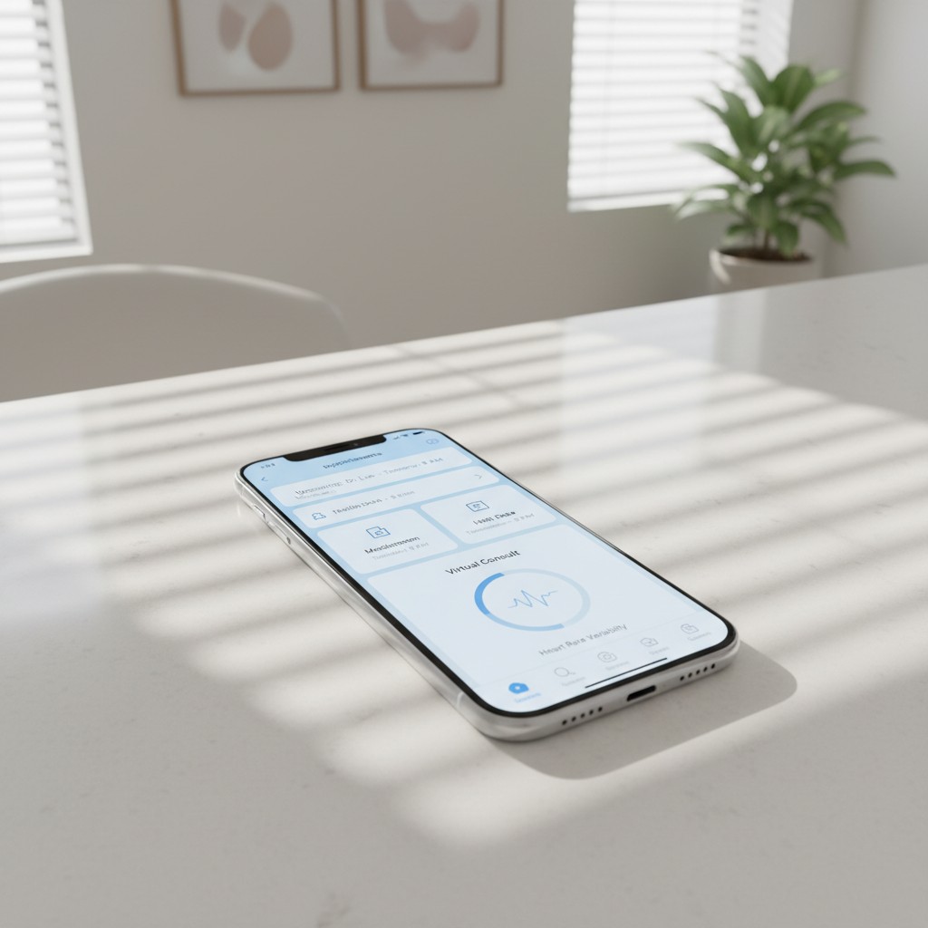 A smartphone displaying a virtual consult app lies on a beige table, casting a shadow due to sunlight streaming through bl...